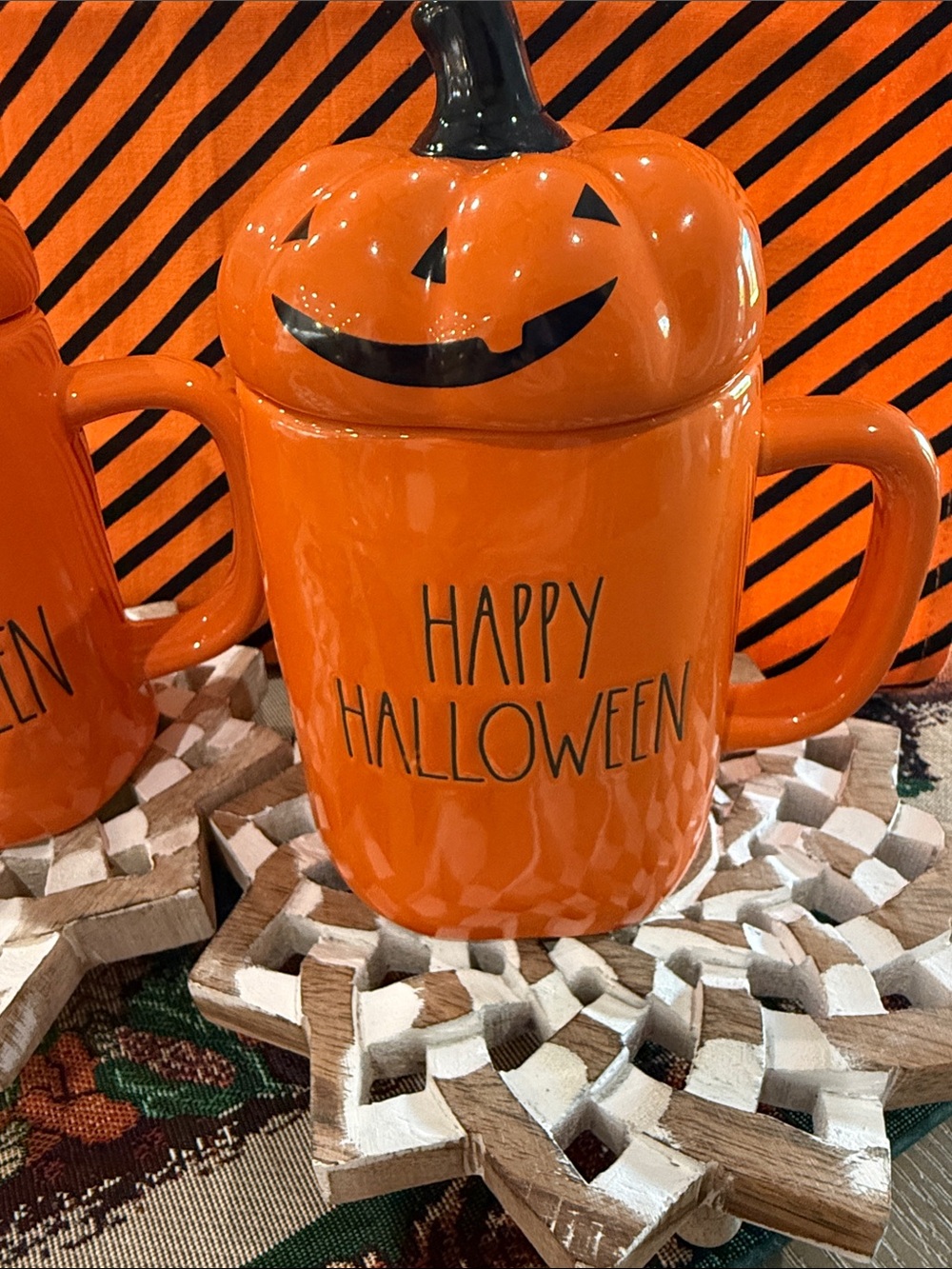 BRAND NEW RAE DUNN MUGS W/Happy Halloween & Pumpkin Lid Vivid Orange SET/2 NWT - Picture 2 of 12